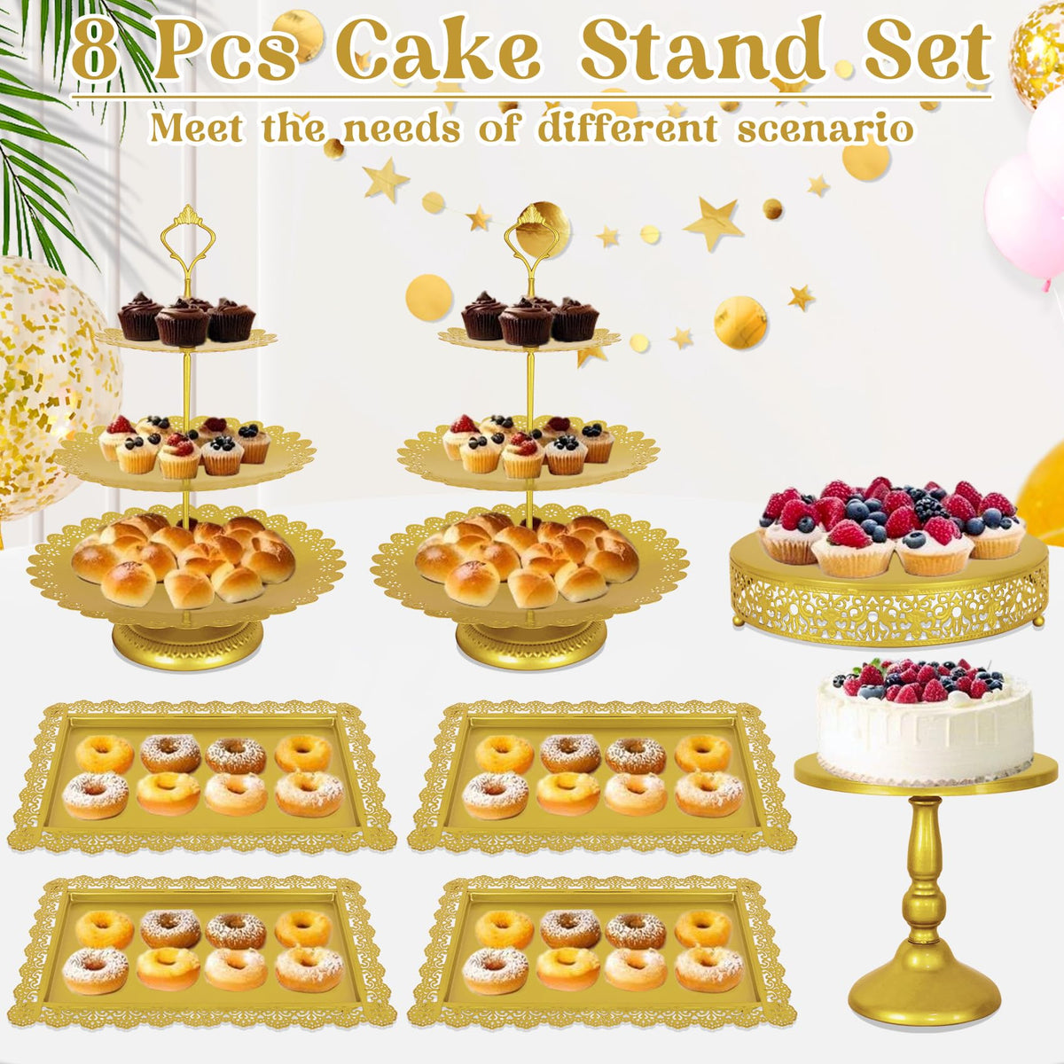 Fivenl cookie tray rack in gold for treats at gatherings.