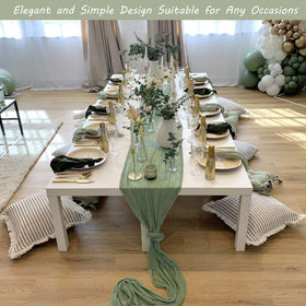 Fivenl dessert table decor with rustic gauze runner.
