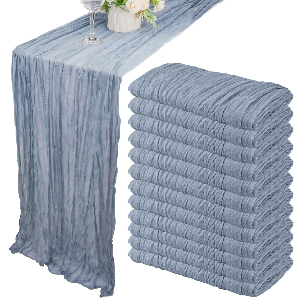 Fivenl dusty blue gauze table runner adds rustic wedding charm.