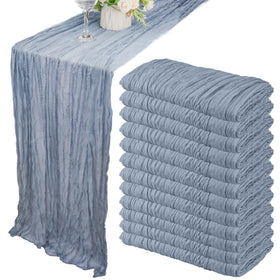 Fivenl dusty blue gauze table runner adds rustic wedding charm.
