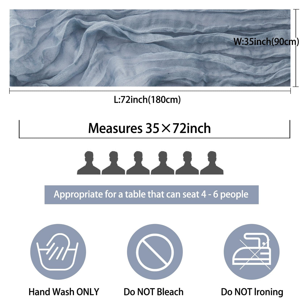 Fivenl dusty blue gauze runner drapes gracefully over banquet tables.