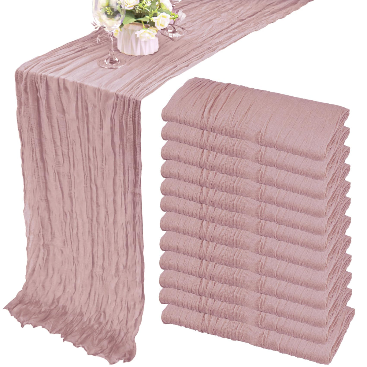 Fivenl dusty pink cheesecloth table runner with gauze texture for wedding décor.