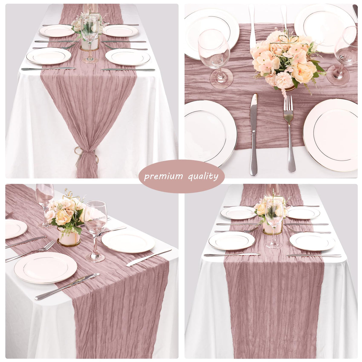 Fivenl seamless-edge table runner adds rustic elegance to events.