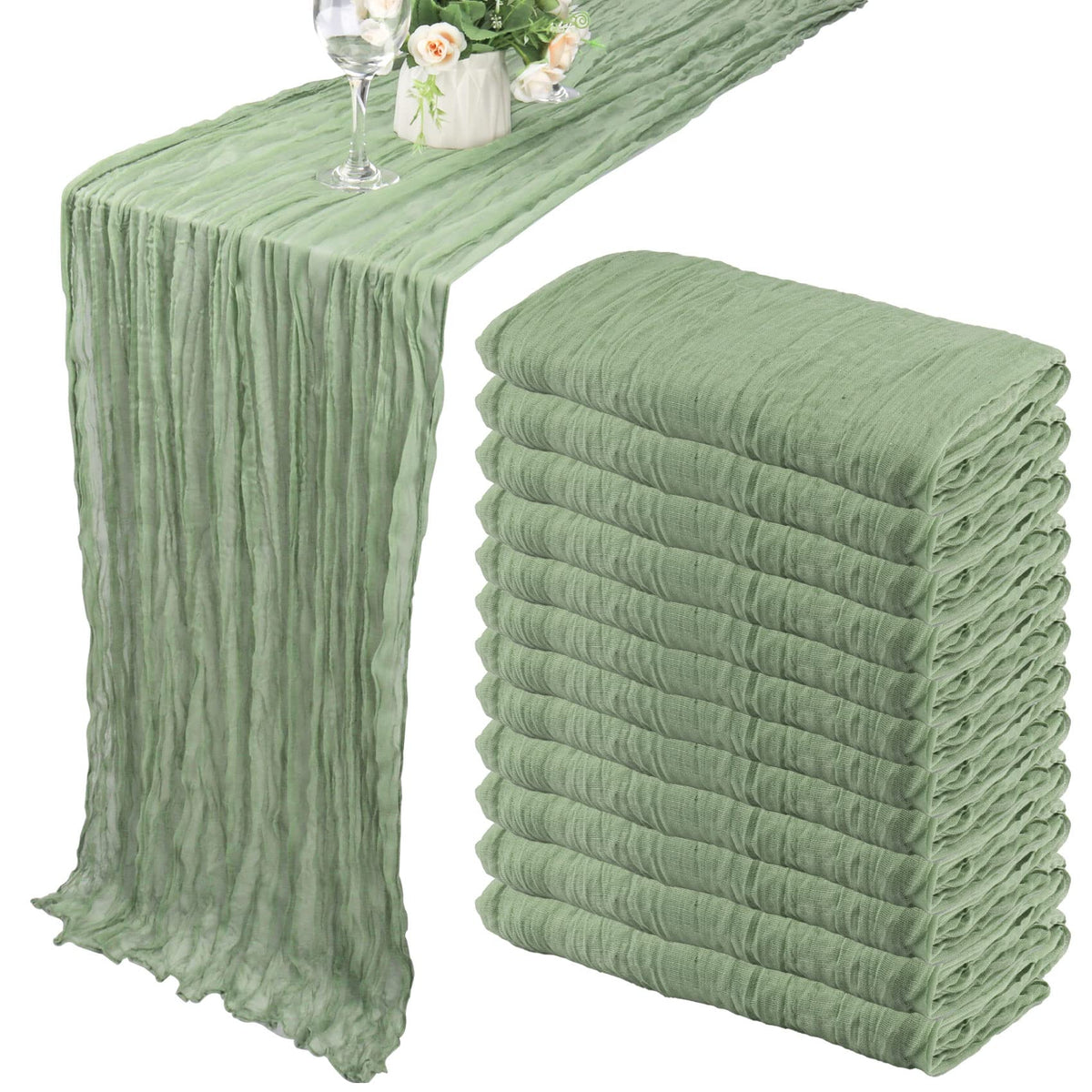 Fivenl dusty sage table runner 35x120 inches with elegant sheer coverage.