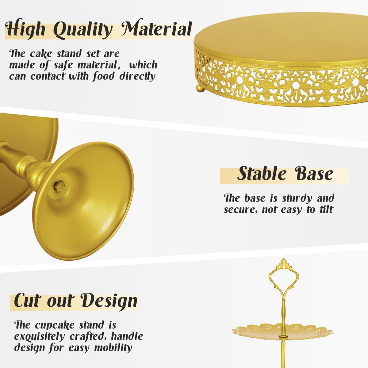 Fivenl lace-edge round cake stand in gold adds vintage charm.