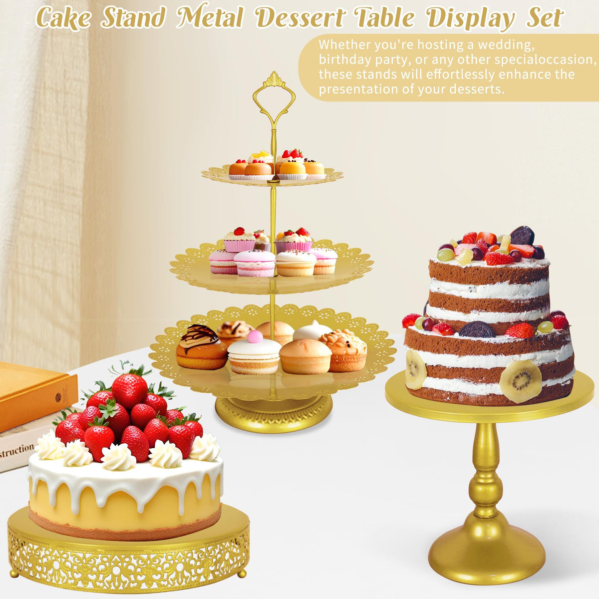 Fivenl round cake stand with base provides stable display.