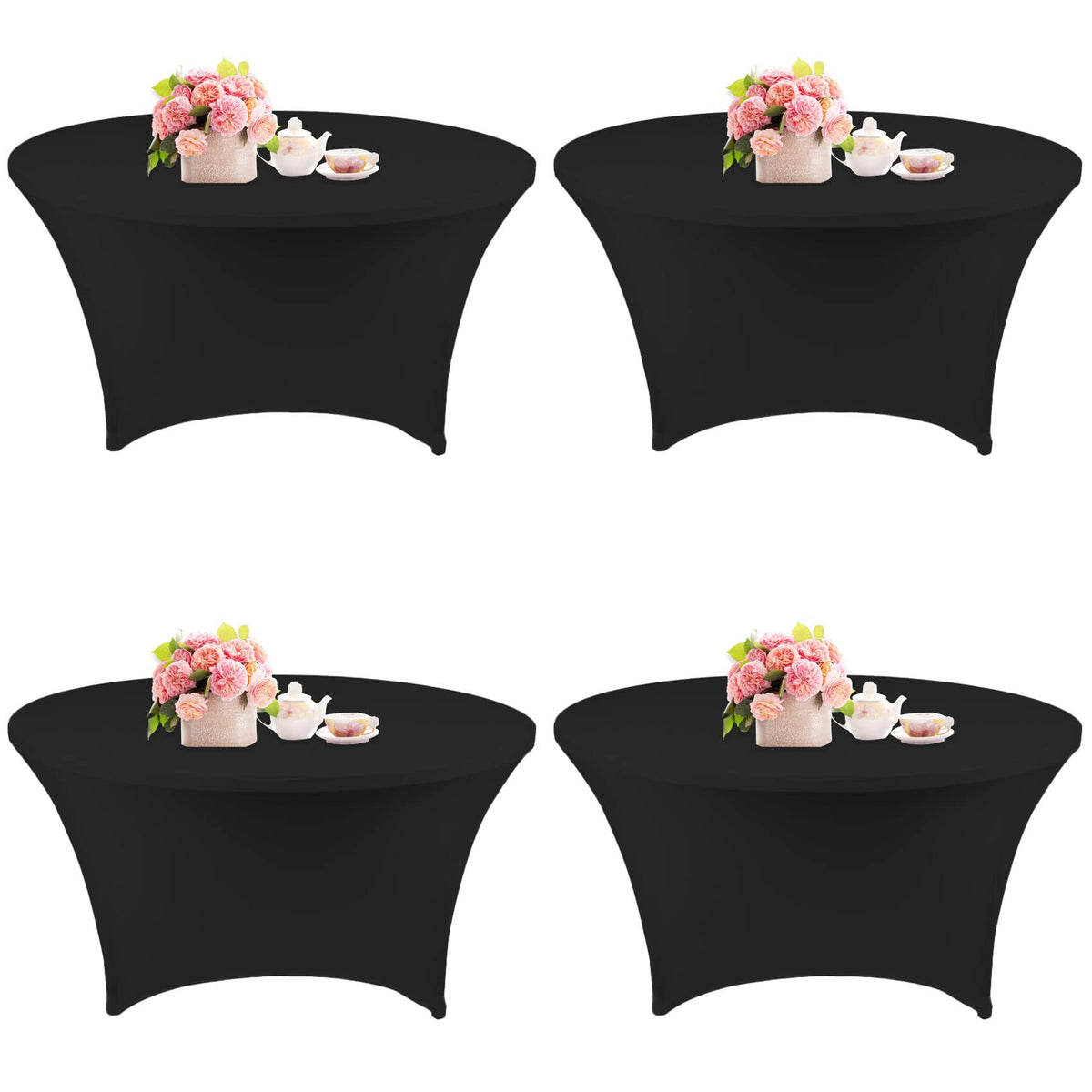 Fivenl round spandex tablecloth 4-pack in black fits 60-inch tables.