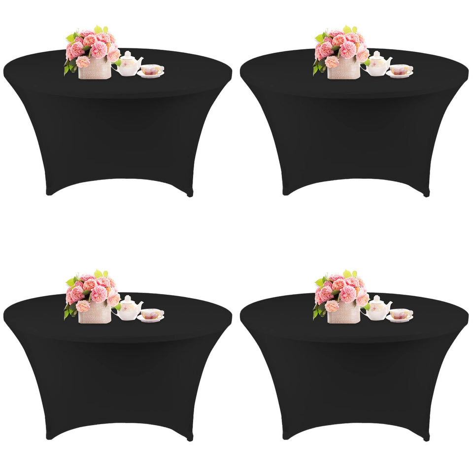 Fivenl round spandex tablecloth 4-pack in black fits 60-inch tables.