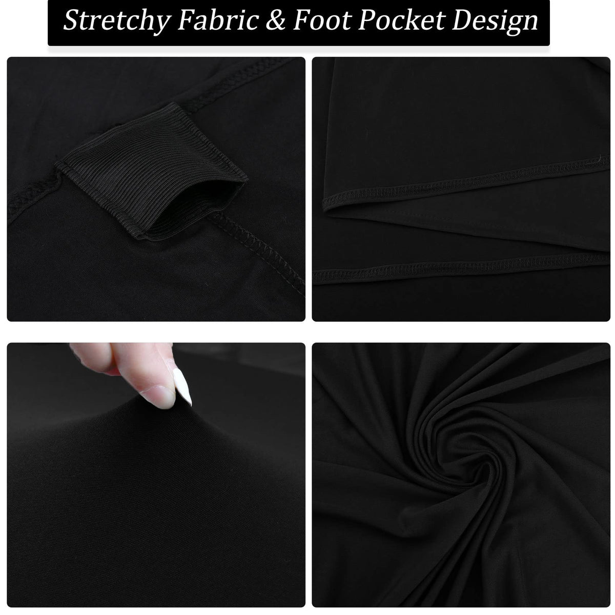 Fivenl round spandex tablecloth reinforced foot pockets secure the cover.