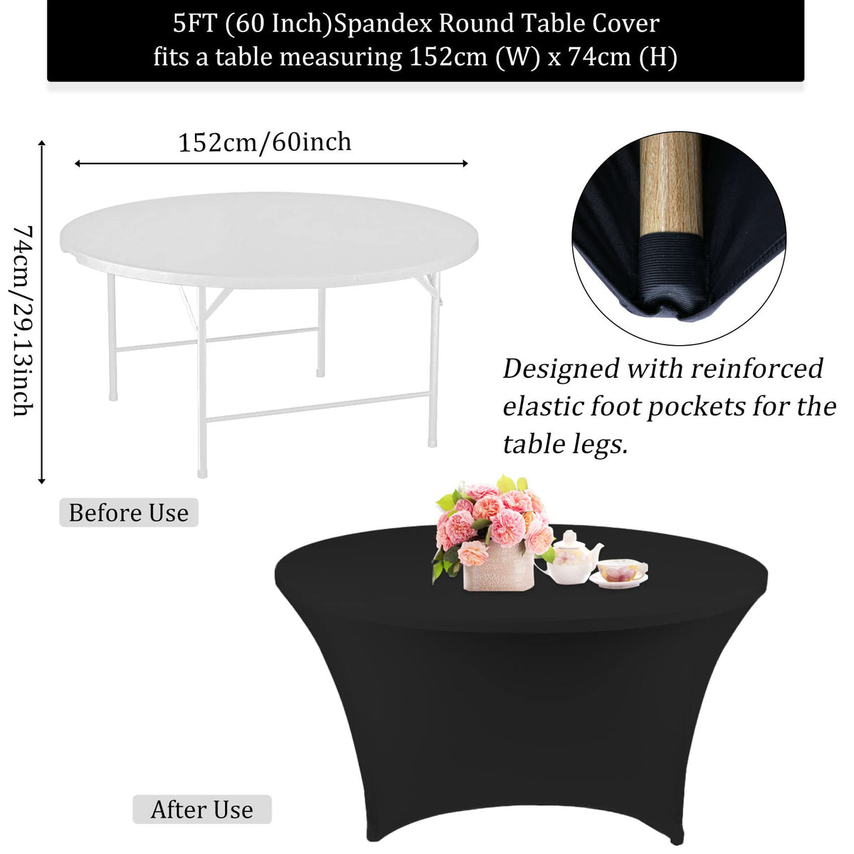 Fivenl round spandex tablecloth stretch material provides durable, reusable coverage.