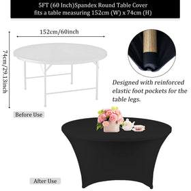 Fivenl round spandex tablecloth stretch material provides durable, reusable coverage.
