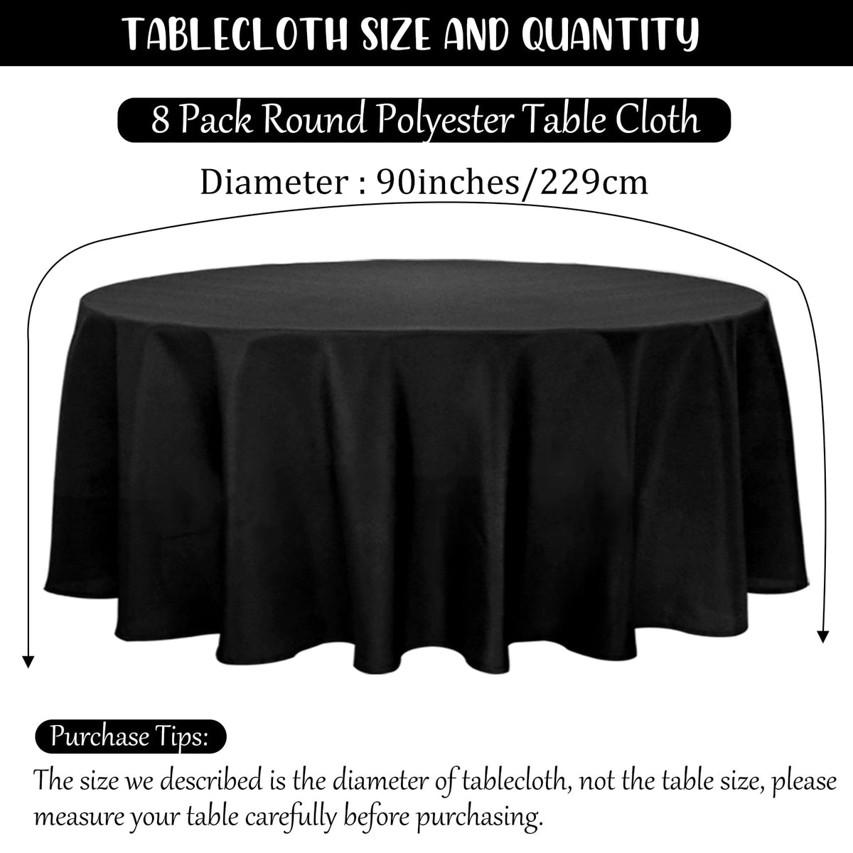 Fivenl black round tablecloth draped on a table for an elegant banquet.