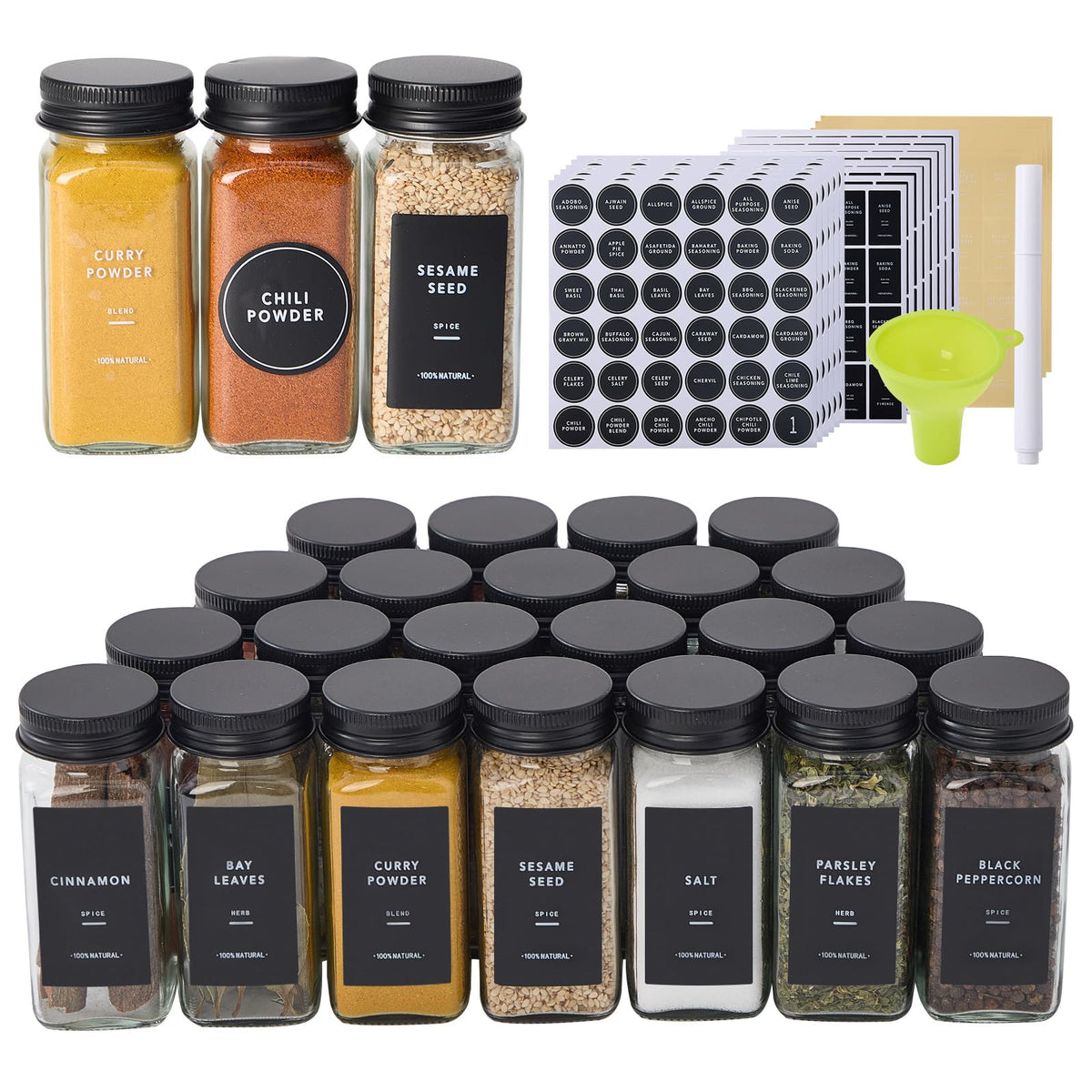 Fiwence 24 glass spice jars show clear contents for quick seasoning and organization.