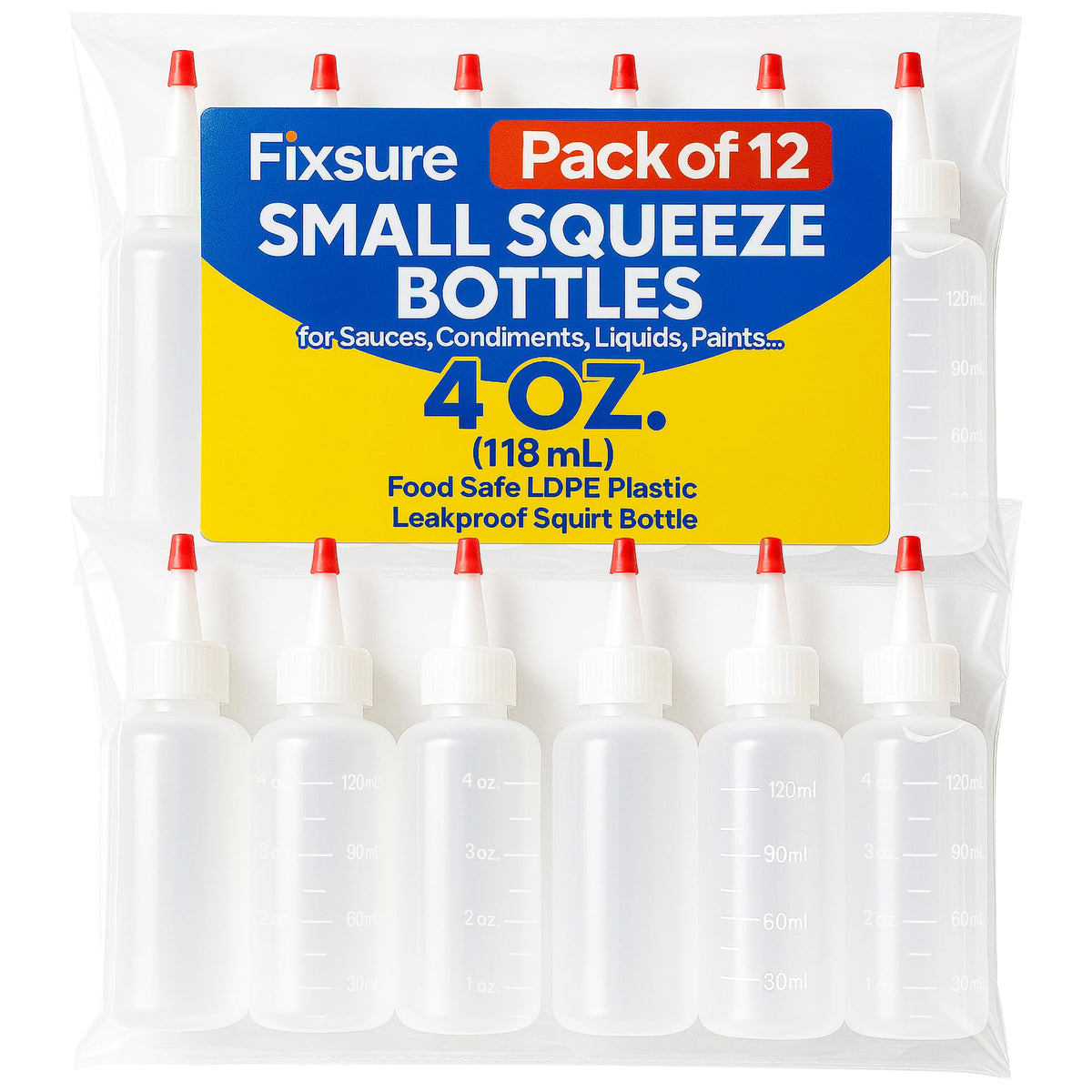 FIXSURE 4oz squeeze bottle with red tip cap for precise condiment dispensing.