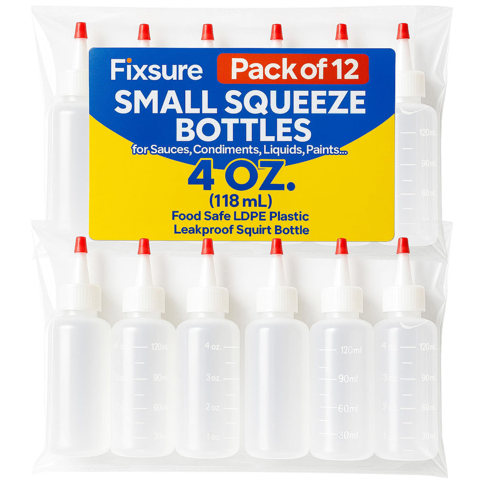 FIXSURE 4oz squeeze bottle with red tip cap for precise condiment dispensing.
