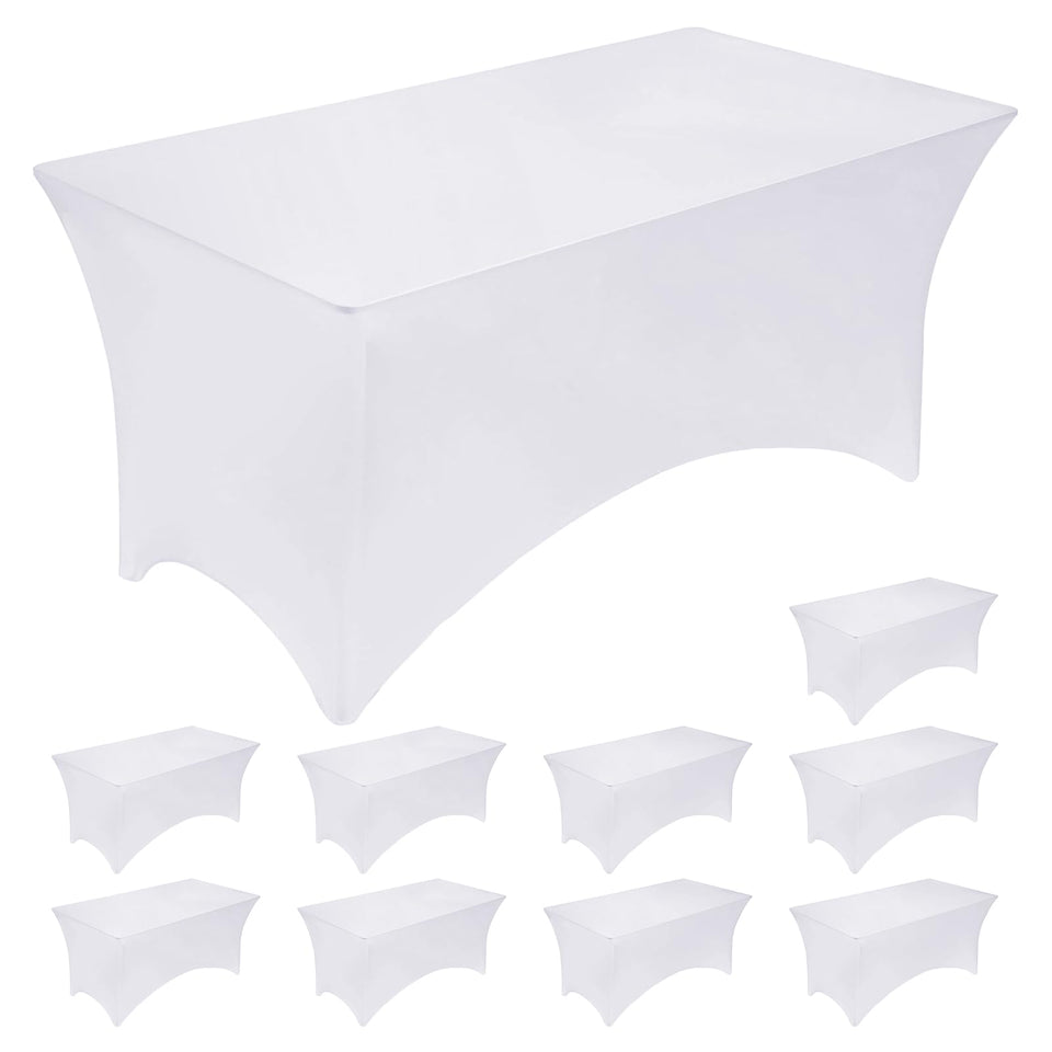 Fixwal 10-pack 6ft white tablecloth on a standard table for polished event setups