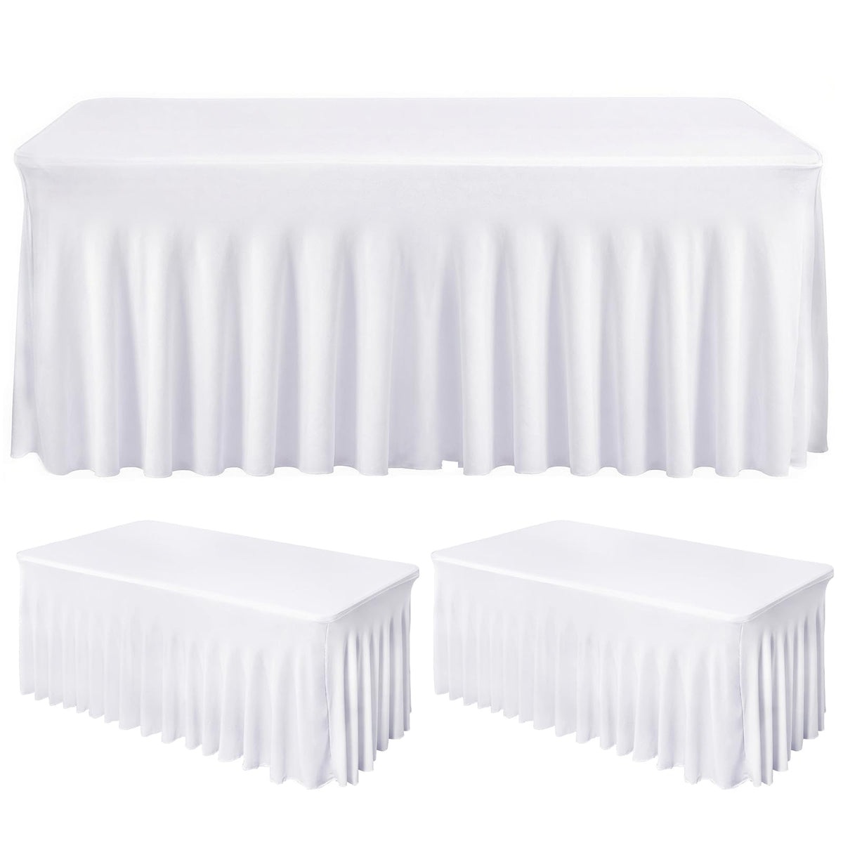 Fixwal 2-pack white spandex tablecloth on a 6ft table for a neat, ready-to-serve setup.