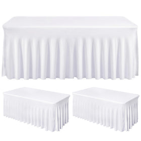 Fixwal 2-pack white spandex tablecloth on a 6ft table for a neat, ready-to-serve setup.
