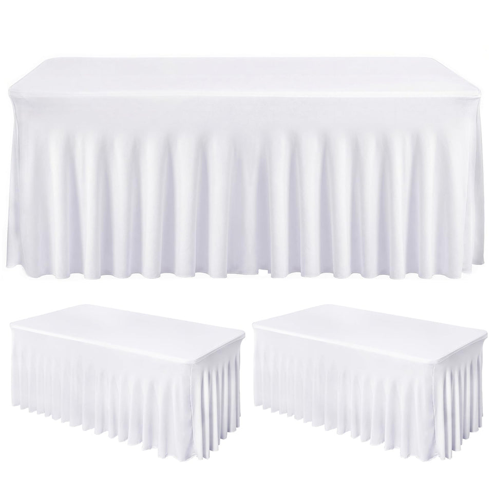 Fixwal 2-pack white spandex tablecloth on a 6ft table for a neat, ready-to-serve setup.
