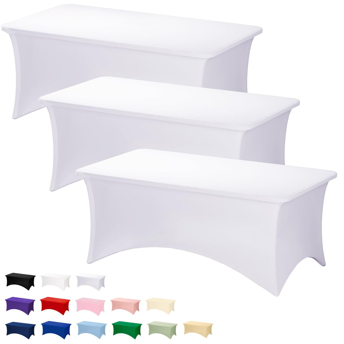 Fixwal 3-pack white 6ft rectangular stretch table covers on a table for a professional setup