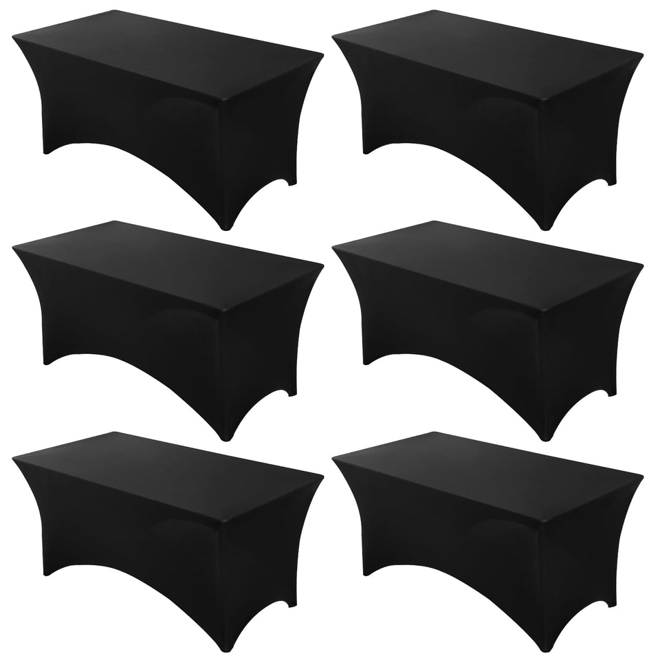 Fixwal 6-pack black spandex table covers close-up showing sleek fit on a 6ft table.