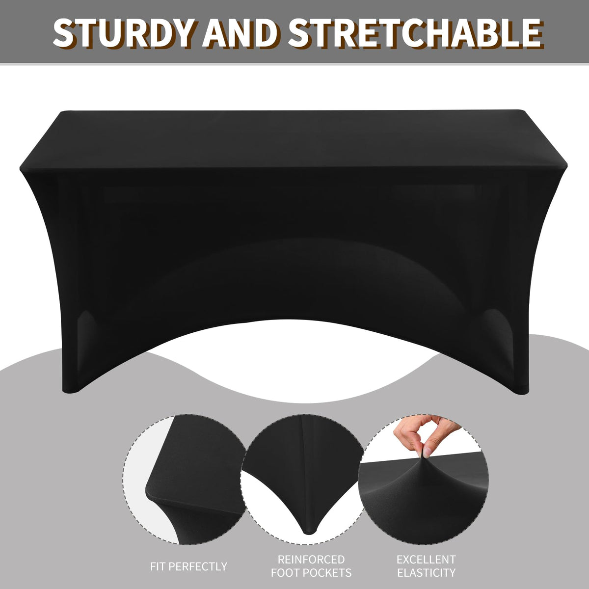 Fixwal 6-pack black spandex table covers on a rectangle table for a neat look.