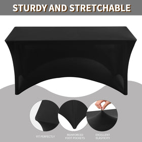 Fixwal 6-pack black spandex table covers on a rectangle table for a neat look.