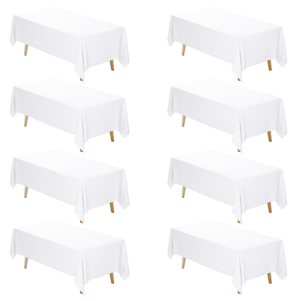 Fixwal 8-pack white tablecloth on a 6ft rectangle table protecting from dust and scratches.