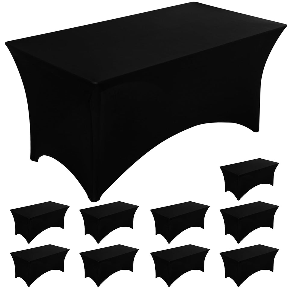 Fixwal 8ft black spandex table cover on a polished banquet setup