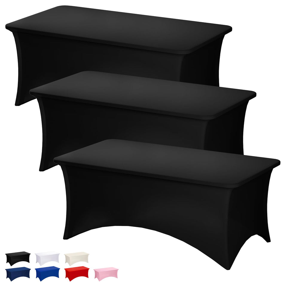 Fixwal 8ft black stretch tablecloth folded for easy setup and storage