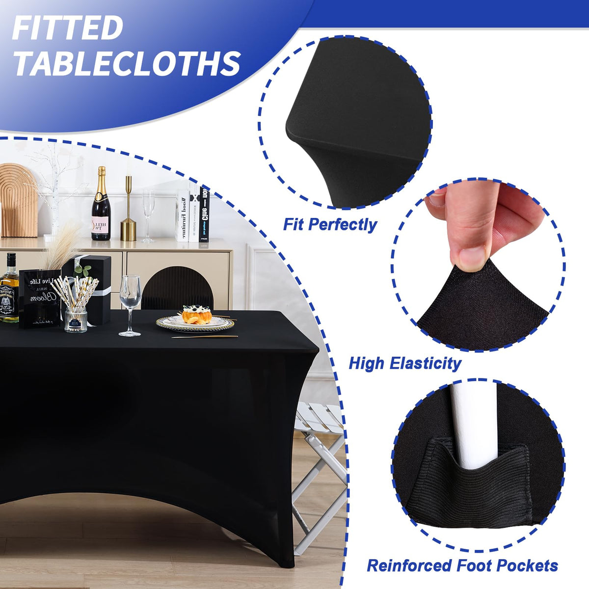 Fixwal 8ft black stretch tablecloth fitted on a table for a sleek, professional look