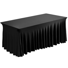 Fixwal black spandex tablecloth on a 6ft rectangle table for a sleek look