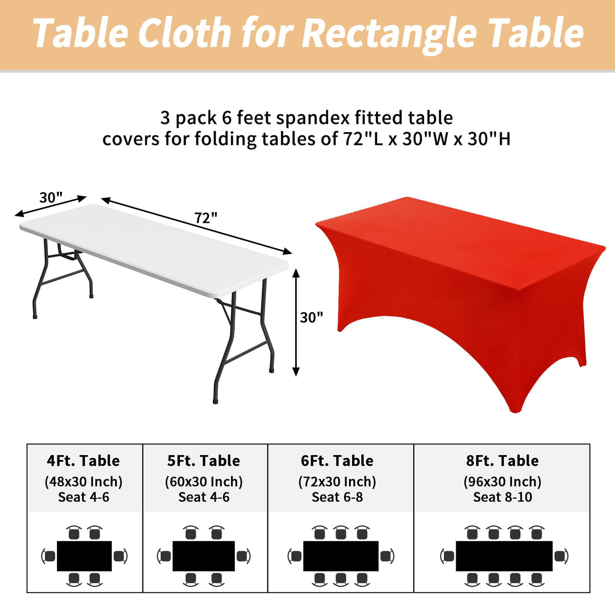 Fixwal fitted tablecloth on a 72L x 30W x 30H table.