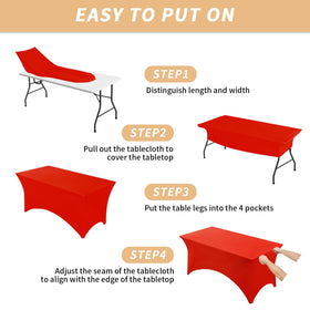 Fixwal red tablecloth with four-leg pockets keeps legs secured.