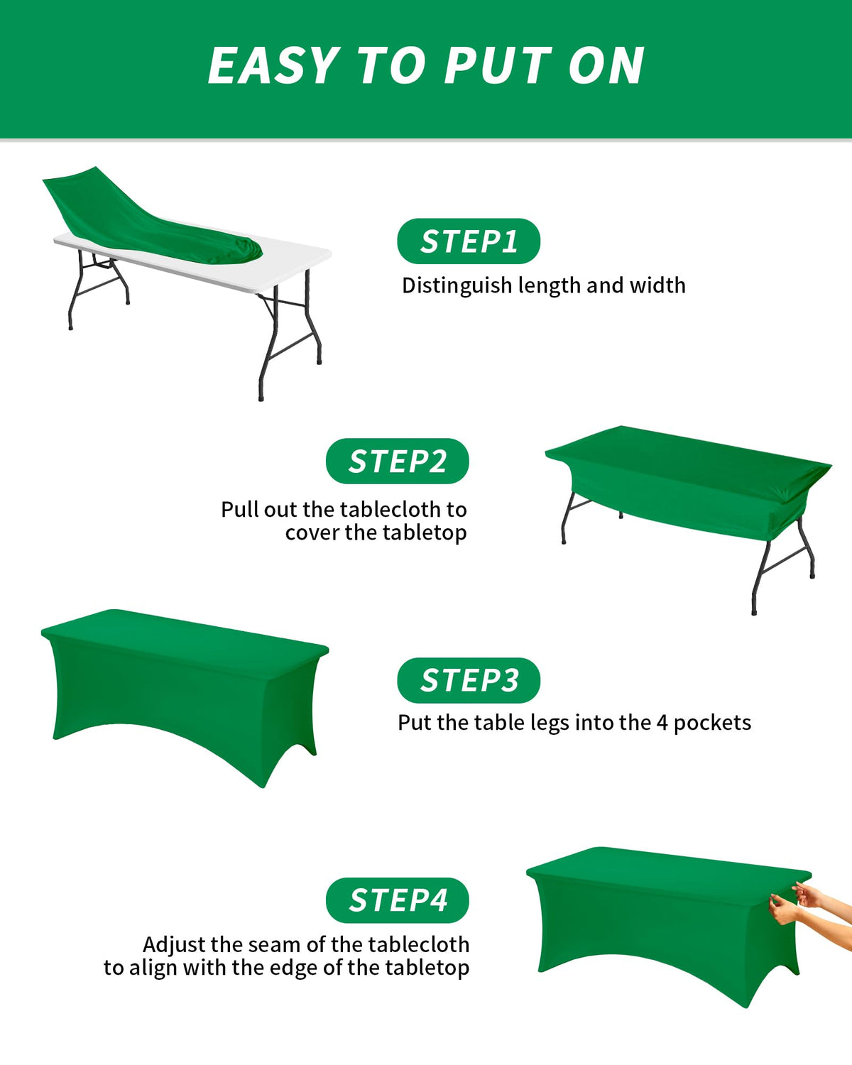 Fixwal green stretch table cloth on a draped 6ft table creates a polished display.