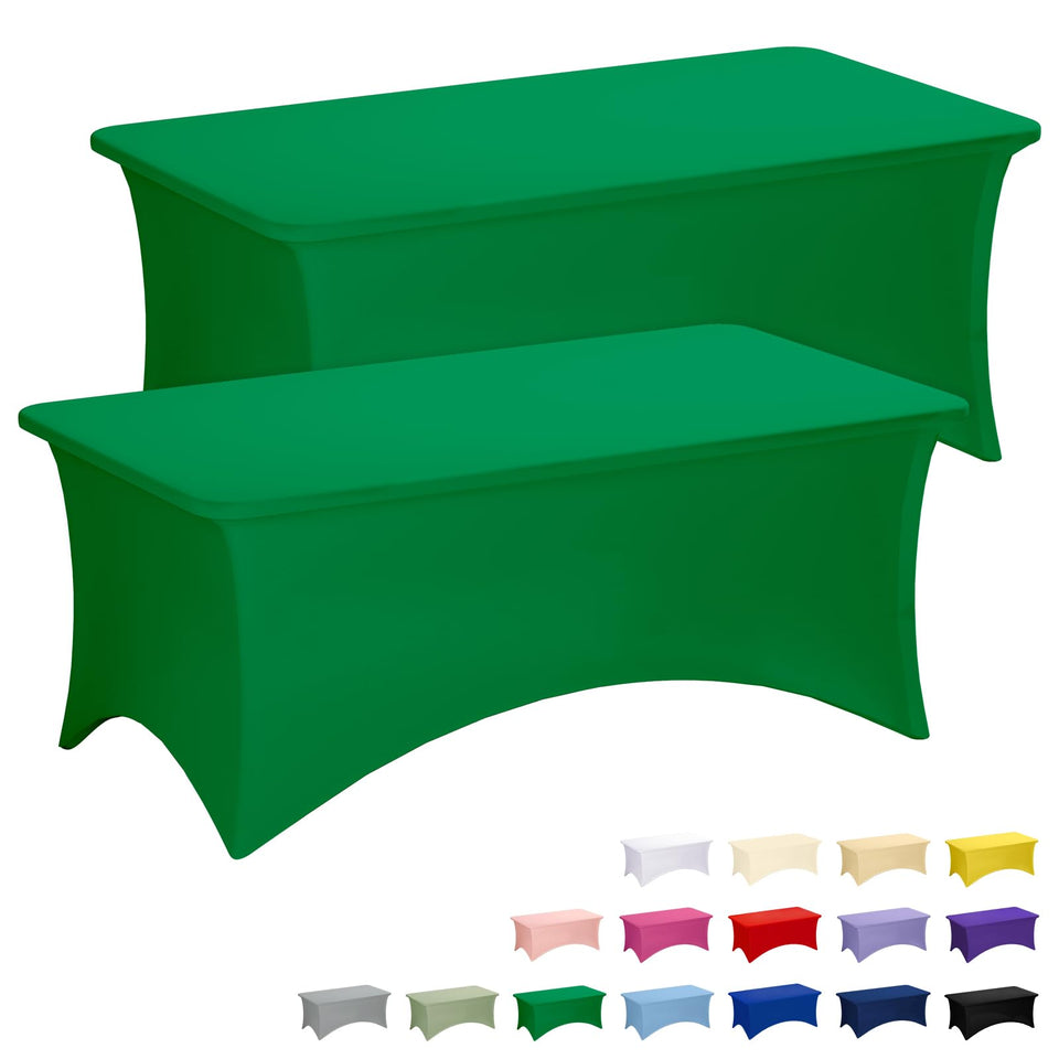 Fixwal green stretch table cloth with elastic fit on a 6ft table for a seamless, professional look.