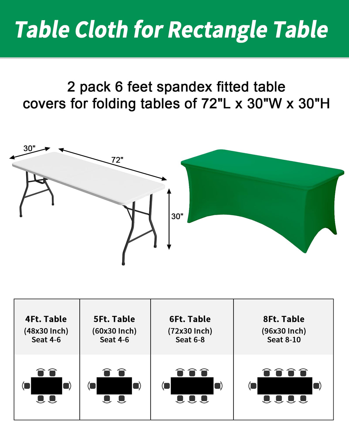 Fixwal green stretch table cloth with leg pockets protects corners during events.