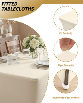 Fixwal ivory tablecloth with four-leg pockets protects legs and prevents slipping.