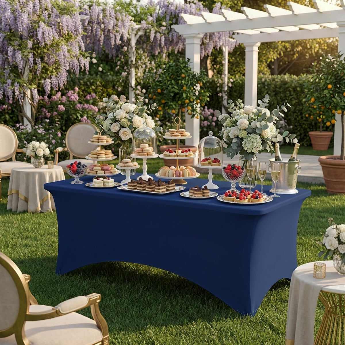Fixwal navy blue 6ft tablecloth on table with crisp drape for events