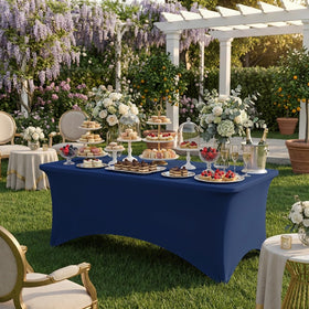 Fixwal navy blue 6ft tablecloth on table with crisp drape for events