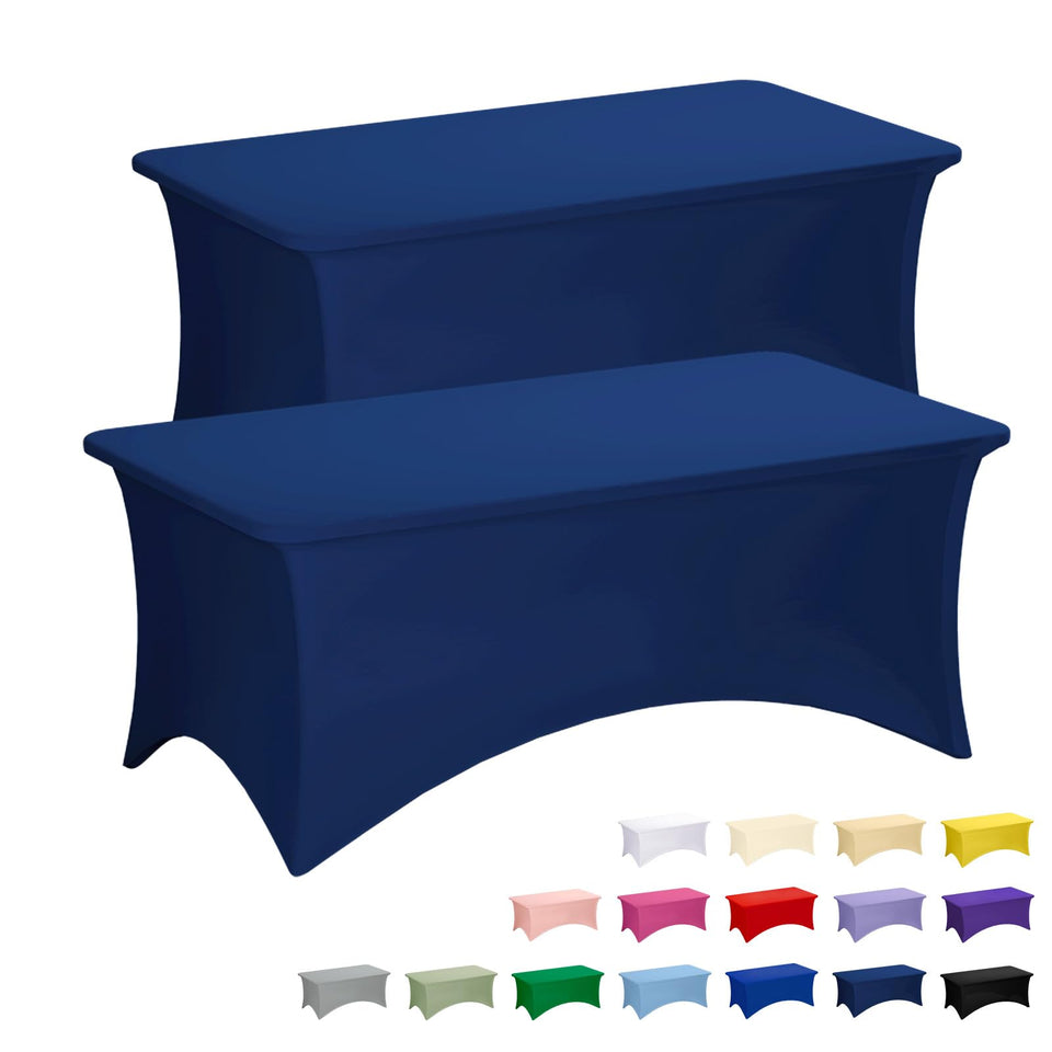 Fixwal navy blue stretch table cloth 6ft on table for a clean, professional look.