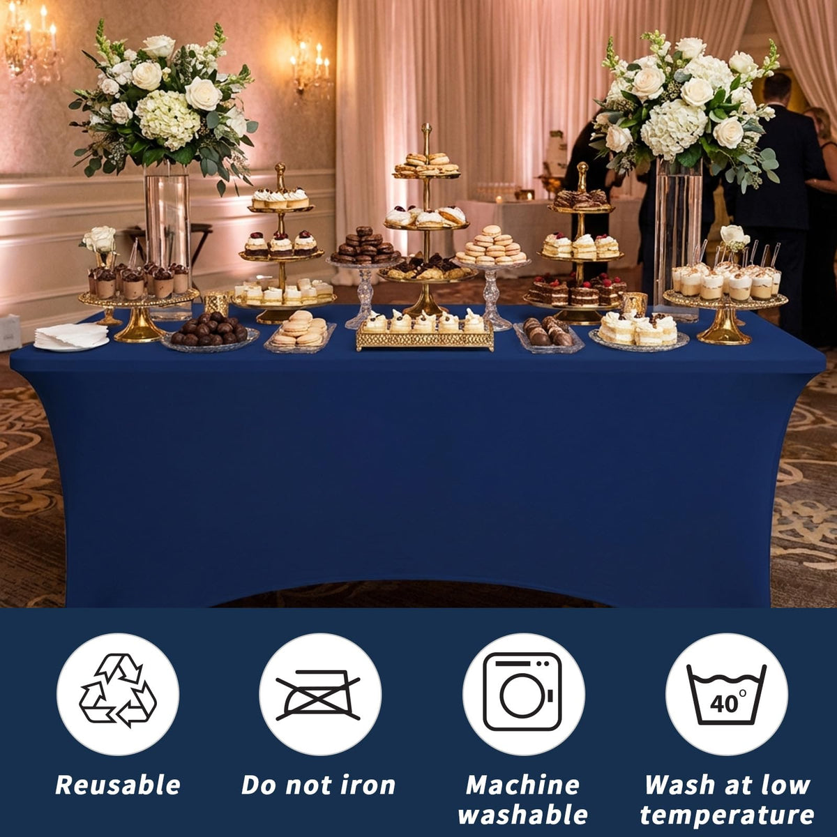 Fixwal navy blue tablecloth set along a buffet line