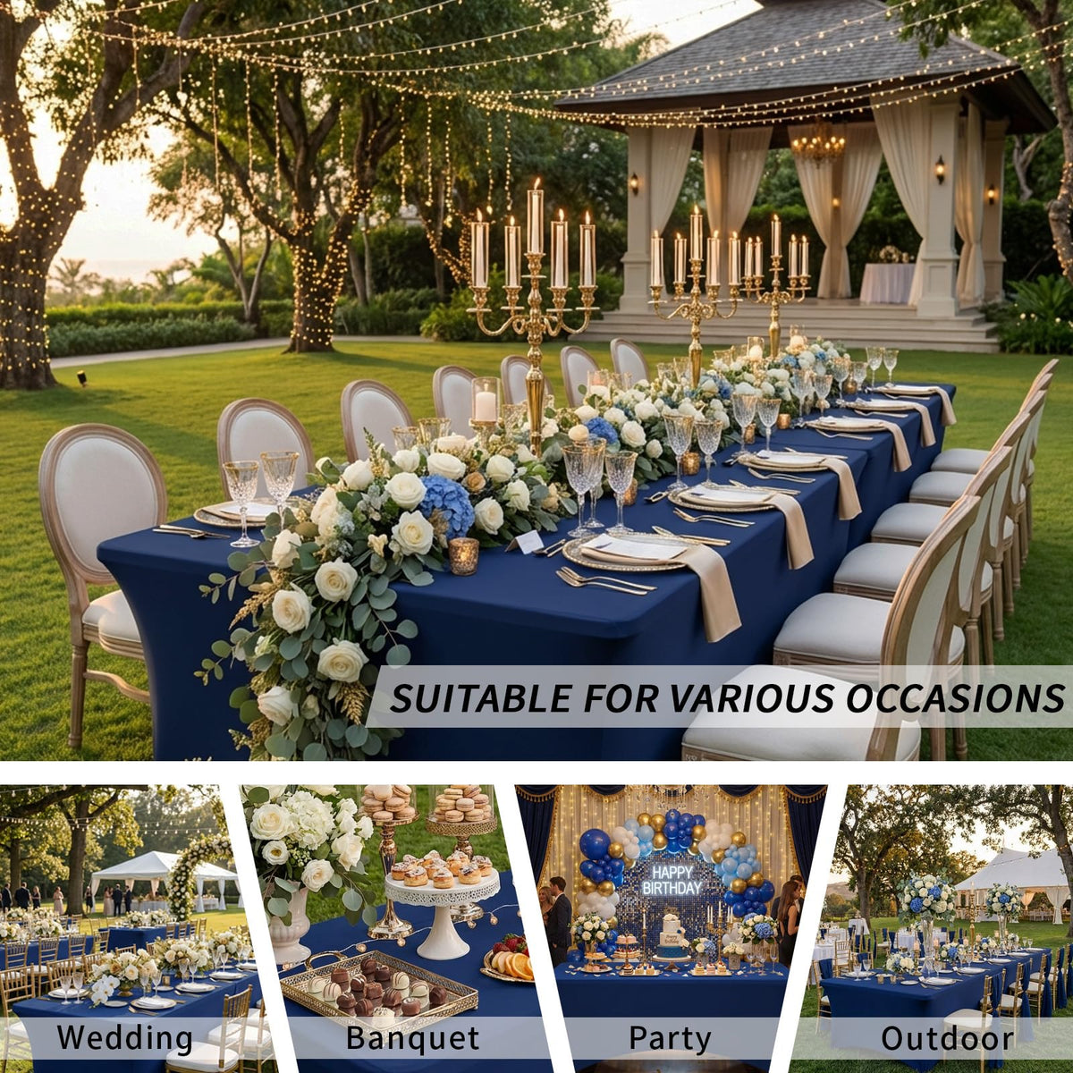 Fixwal navy blue tablecloth showing reinforced leg pockets in use