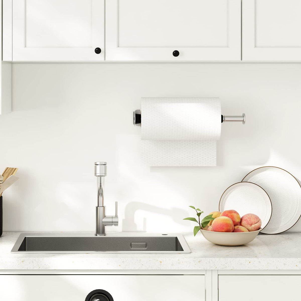 Fixwal paper towel holder mounted vertically in kitchen for easy access.