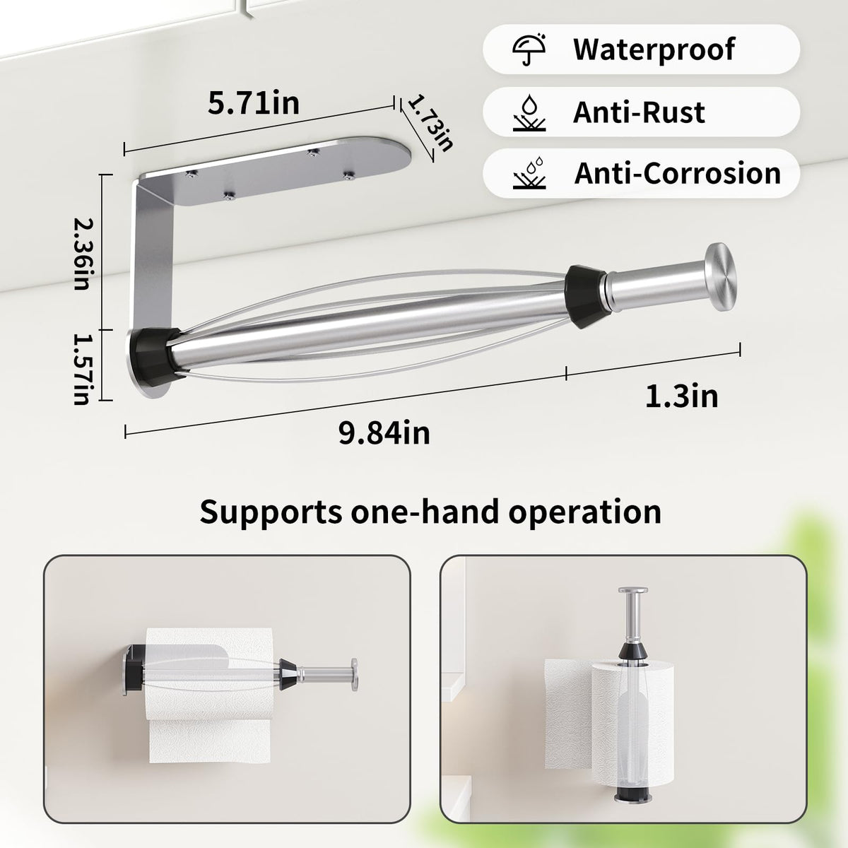 Fixwal wall mounted paper towel holder in stainless steel with damping feature for kitchen use.