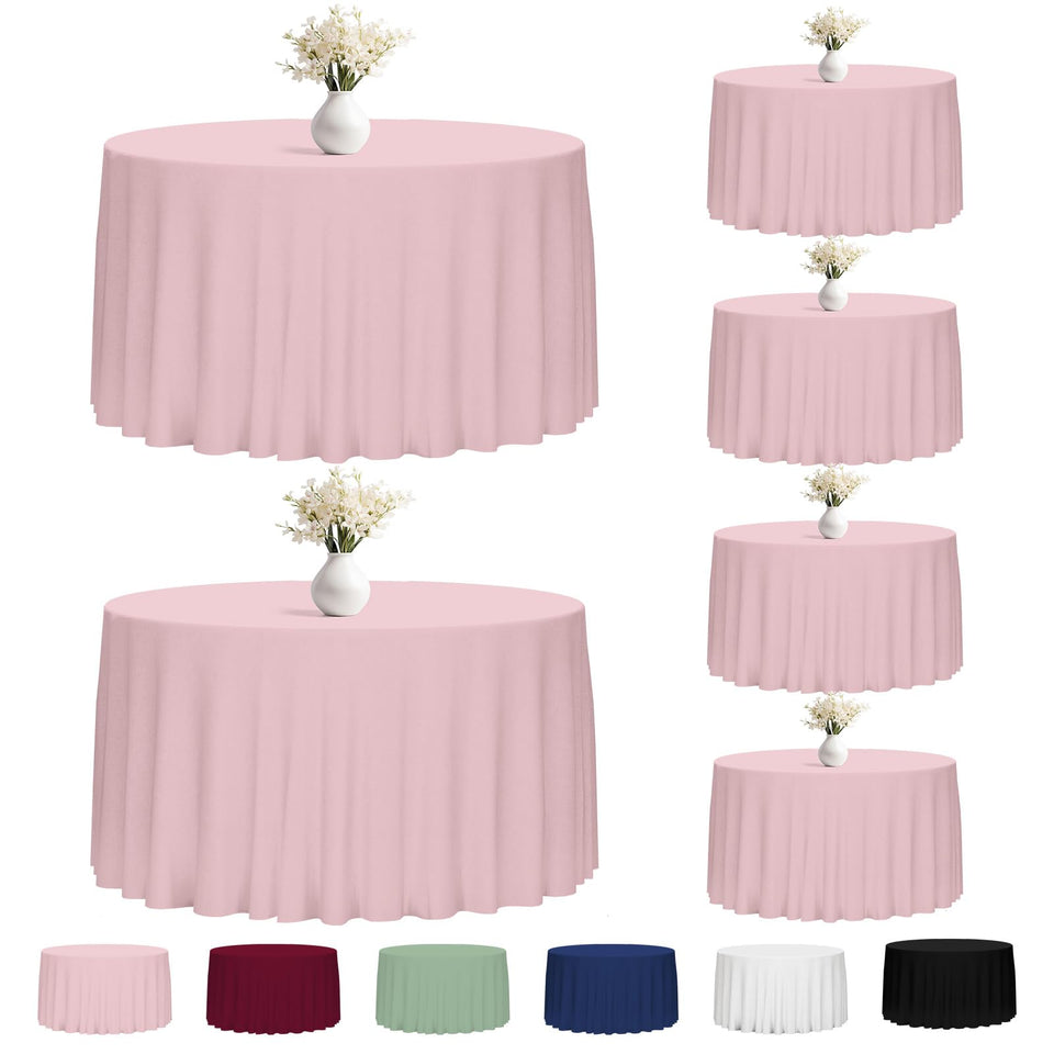 Fixwal pink round 120-inch tablecloth on a formal dining table for wedding decor