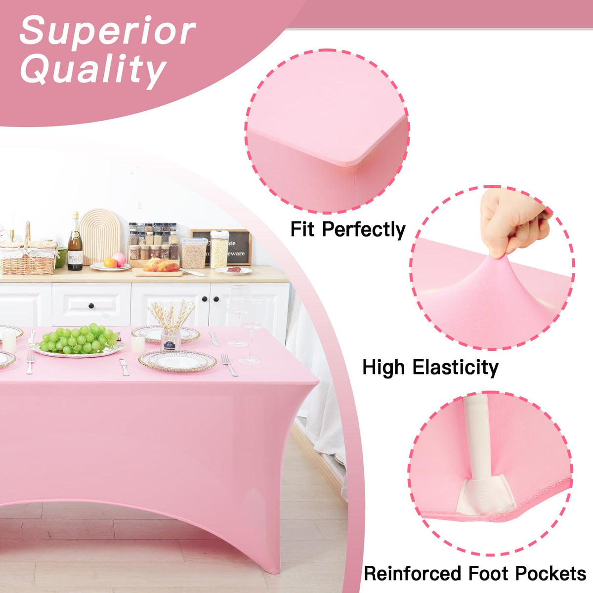 Fixwal pink spandex table cover demonstrates stretch fit for quick setup.