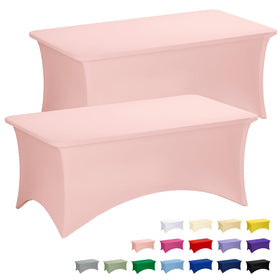 Fixwal pink stretch table cloth on a 6-foot table, smooth and wrinkle-resistant.