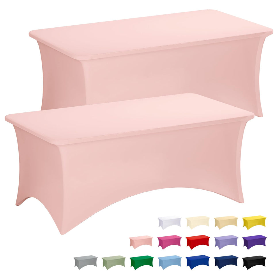 Fixwal pink stretch table cloth on a 6-foot table, smooth and wrinkle-resistant.