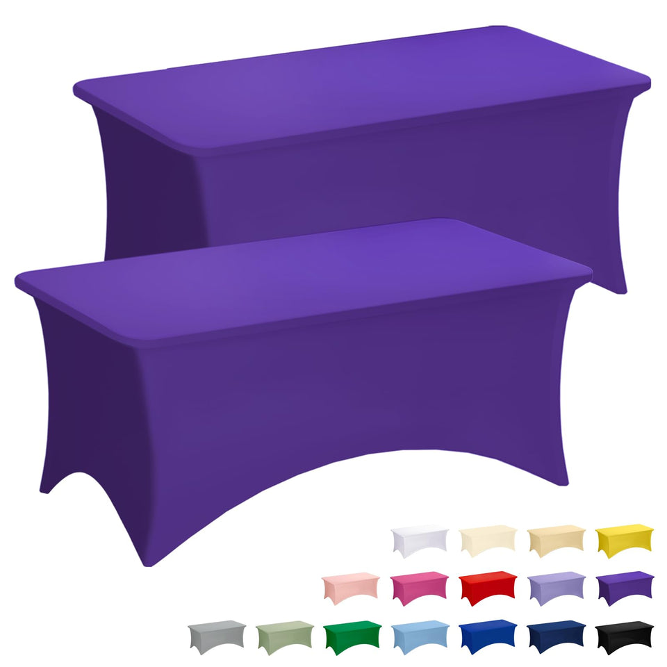 Fixwal purple stretch tablecloth on a 6-foot table for a clean event setup.